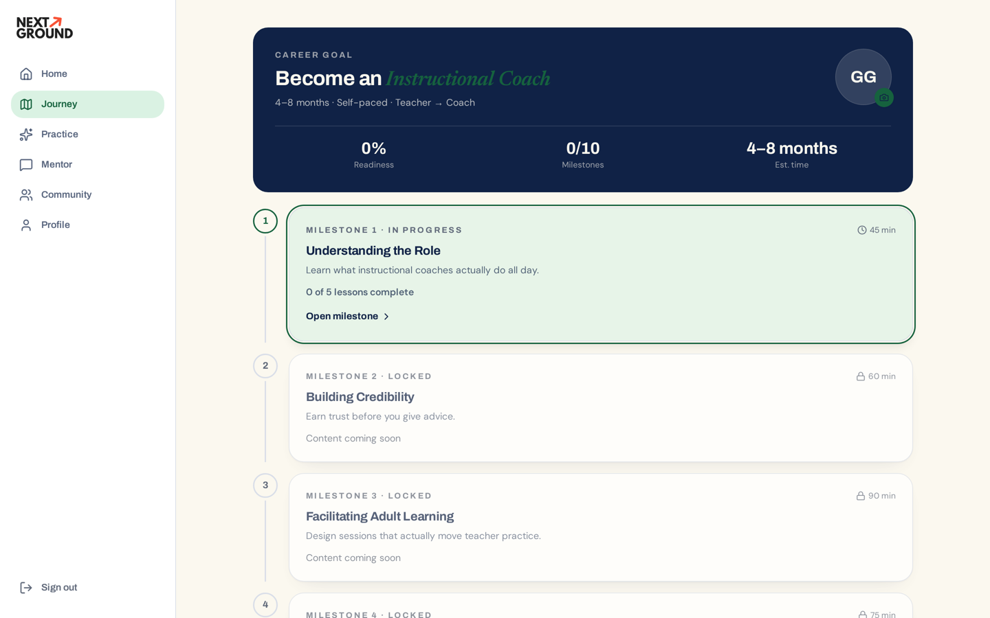 A NextGround pathway showing a destination, readiness, and sequenced milestones
